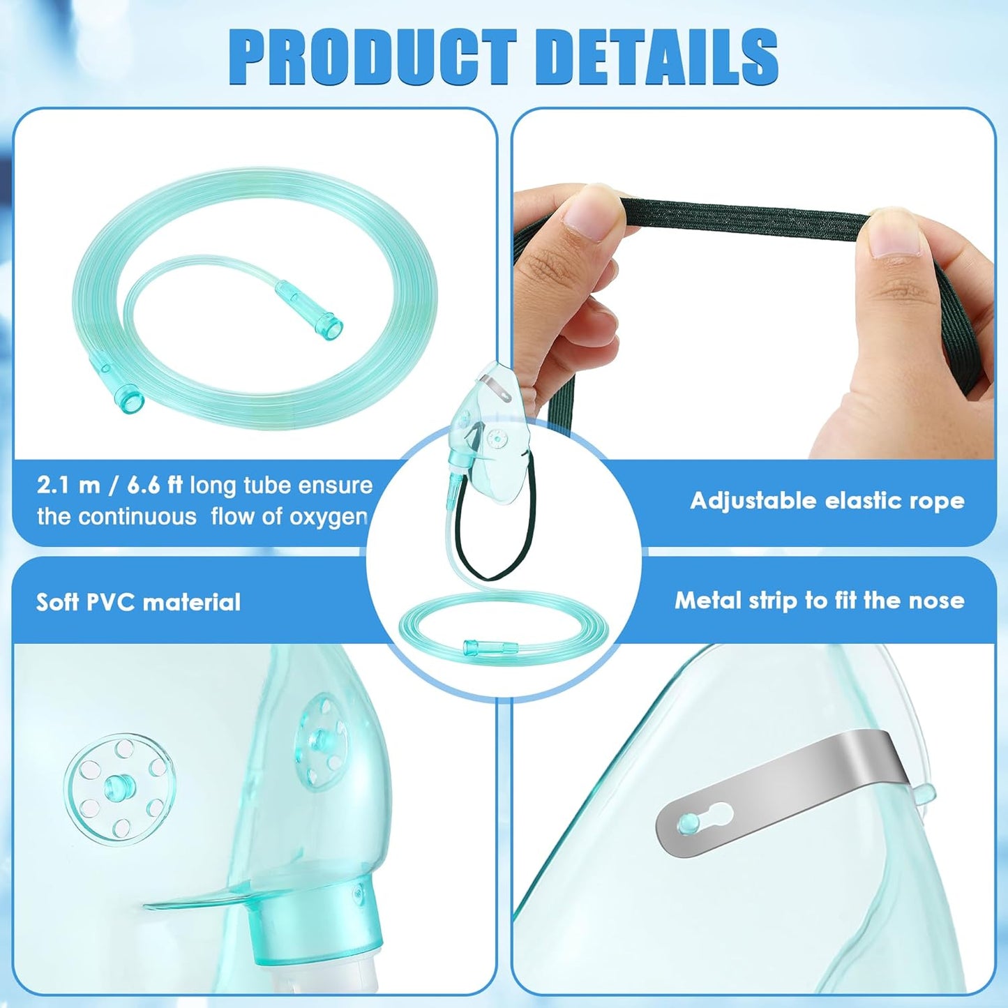 Geiserailie 2PCS L Oxygen Mask with 6.6 Ft Tubing and Adjustable Elastic Strap, Adult Oxygen Mask with Tubing, Breathing Masks for Face Adult