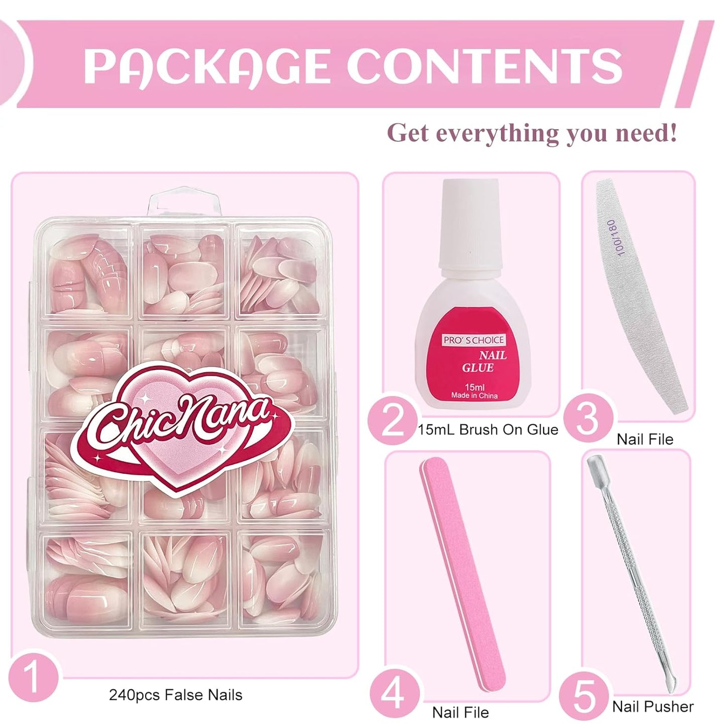 Ombre Press On Nails - 240Pcs Short Square False Nails Kit, Pink White Gradient Nail Tips Soft Gel False Nail with Glue Salon Fake Nails Kit Extensions DIY (Medium Long Square)