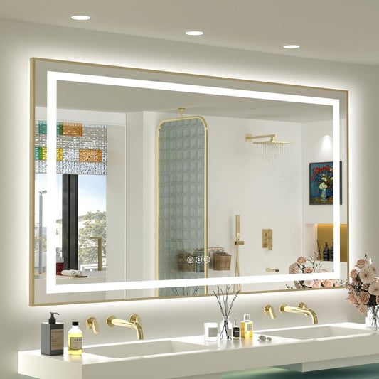 OKPAL 60x40 LED Bathroom Mirror Gold Metal Framed Front Light & Backlit, Lighted Vanity Mirror, Anti-Fog, Dimmable, 3 Colors, Shatterproof, ETL Listed, Horizontal/Vertical