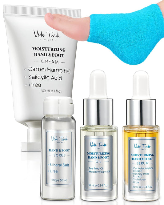 VTS Self Care Kit - Includes Moisturizing Heel Socks, Hand & Foot Oil, Salt Scrubs, Serum, Urea Cream 40 Percent - Hand Care Set, Foot Pedicure Kit for Dry Cracked Heels Feet Knees Elbows Hands