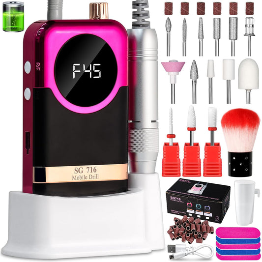 Electric Nail Drill Professional Kit - 45000RPM Electric Nail File Efile Portable Nail Drill Cordless with Bits & Base,E File Machine Nail Grinder for Women (Rose Red)