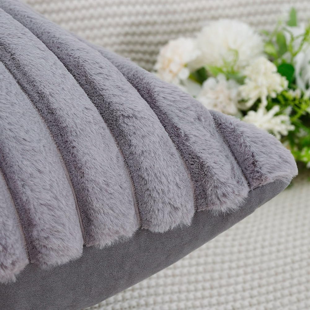 MADIZZ Set of 2 Faux Wool Plush Decorative Throw Pillow Covers 20x20 Inch Grey Fluffy Striped Soft Decorative Cushion Cover for Sofa Bedroom Pillow Shell