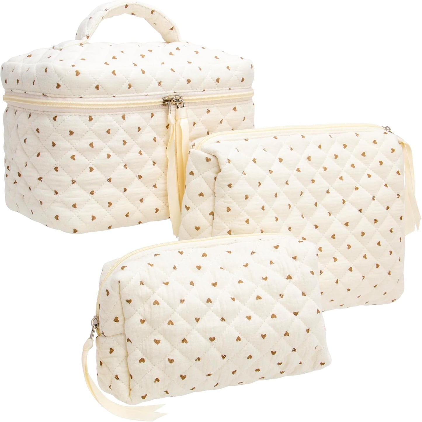 PAZIMIIK 3PCS Makeup Bag SET Large Travel Quilted Zipper Soft Cosmetic Case Pouch for Women Girls Make Up,Gauze Heart Coffee