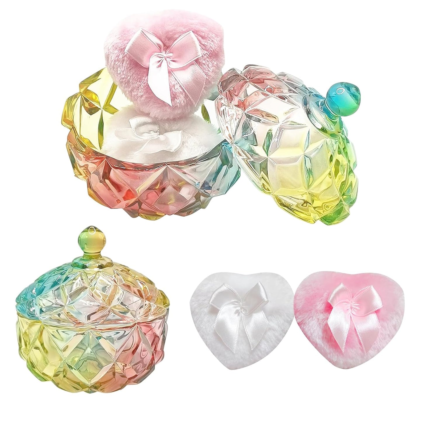 Body Powder Puff and Container - Glass Dusting Powder Container with 2 Soft Puffs Vintage Powder Puff Case for Women & Girls (3.94x3.94x4.53 H in) - GRB012-Multi