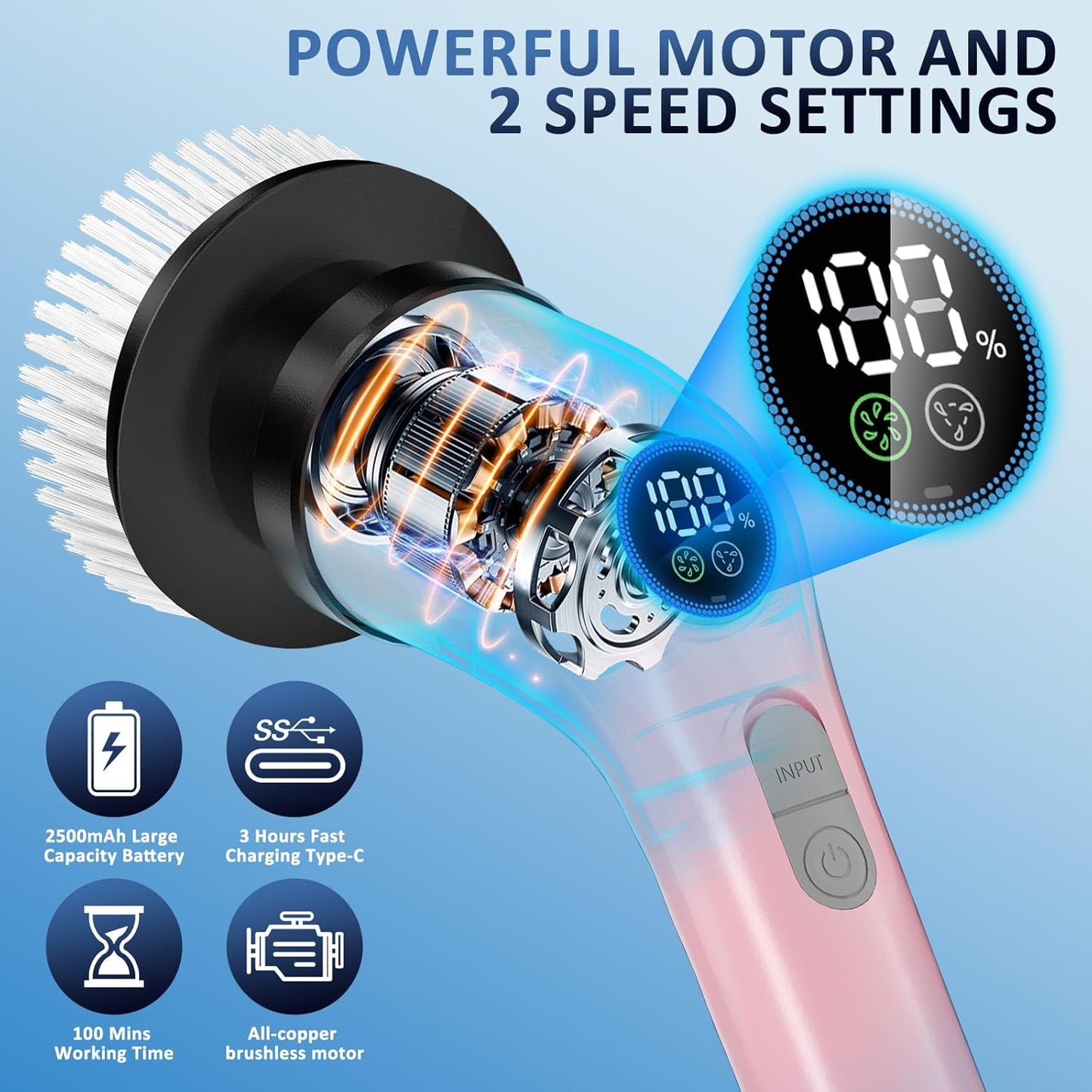 Electric Spin Scrubber Upgraded Battery with Extra-Long Runtime, IPX7 Waterproof Power Cleaner with 7 Brush Heads, 2 Speeds Adjustable Long Handle for Bathroom, Floor, Shower, Tile & Kitchen Cleaning