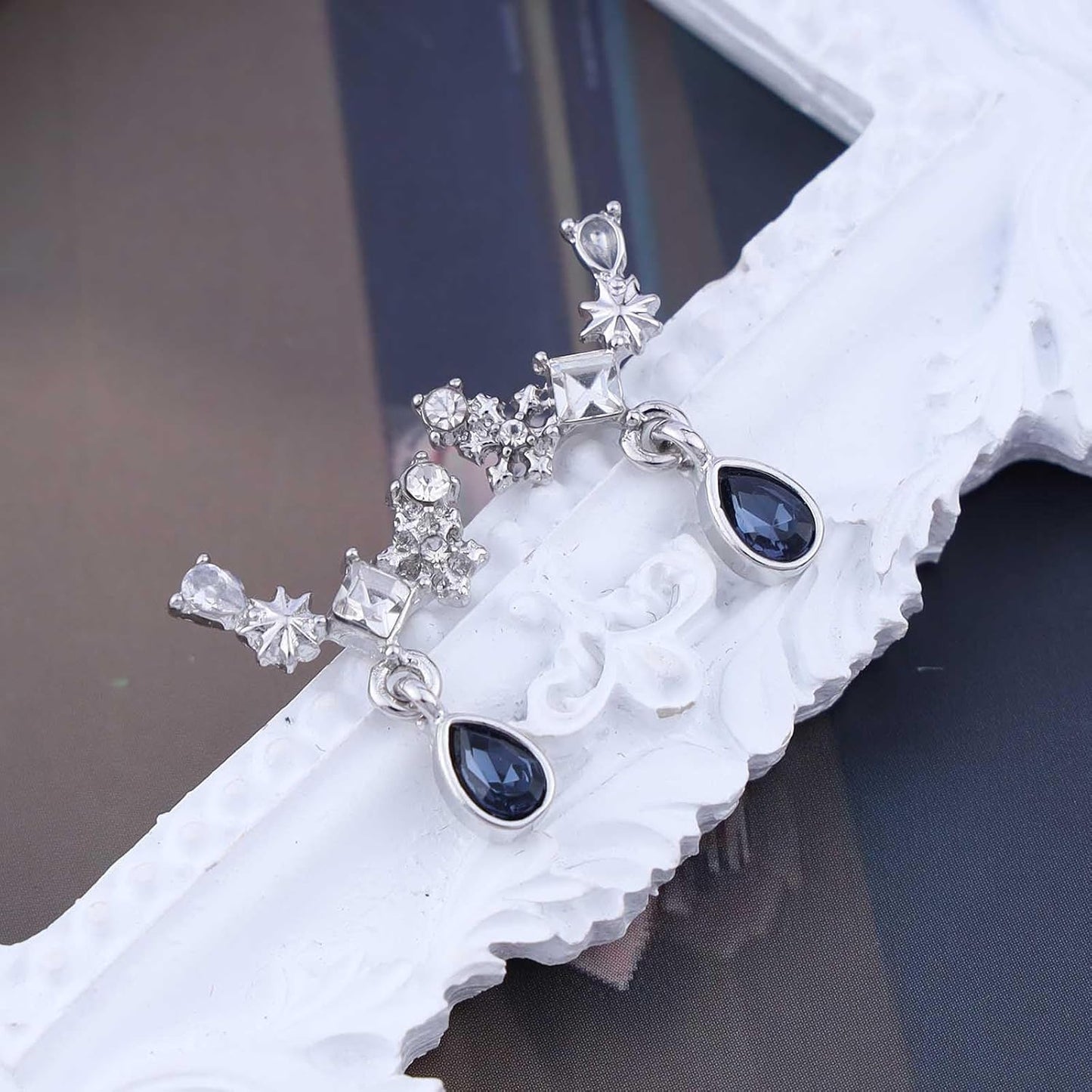 Vintage Teardrop Sapphire Earrings Crystal Climber Earrings Blue Sapphire Dangle Earrings Silver Sparkly Cz Rhinestone Earrings Jewelry for Women