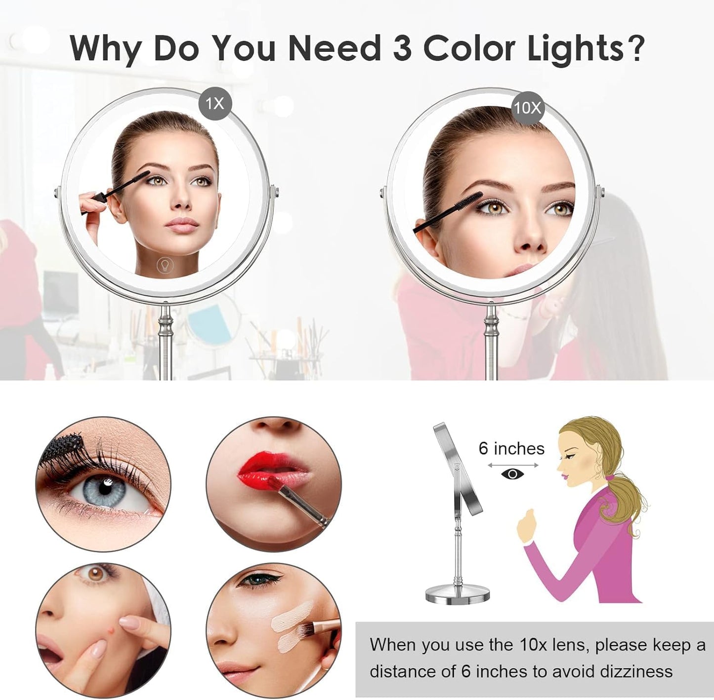 Lighted Makeup Mirror, 3000 mAh Rechargeable Double Sided Magnifying Vanity Mirror with 3 Colors, 1x/10x, 360° Rotation , Brightness Adjustable Magnification Cosmetic Light up Mirror, Women Gift