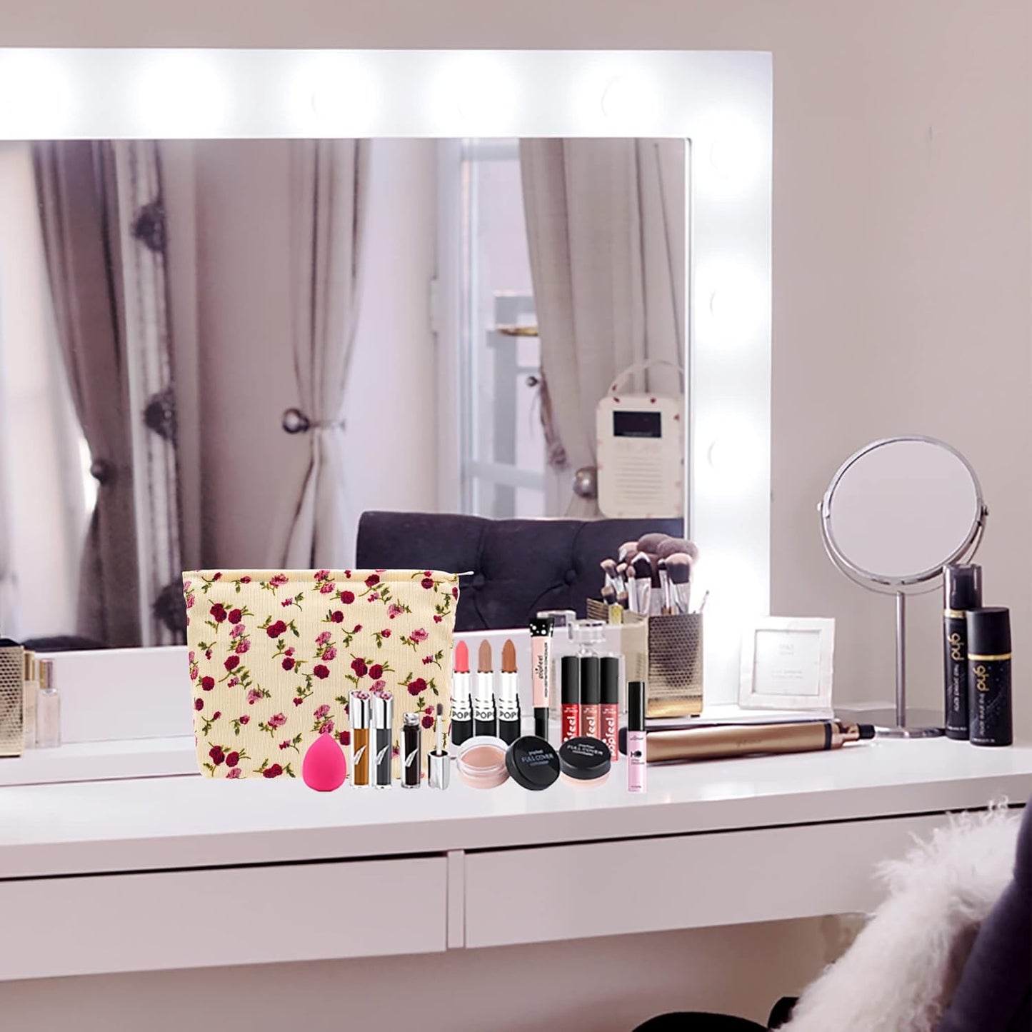 PAZIMIIK Makeup Bag Large Zipper Corduroy Make Up Pouch for Purse Travel Canvas Cosmetic Organizer for Women Brush Storage,Vintage Rose Beige