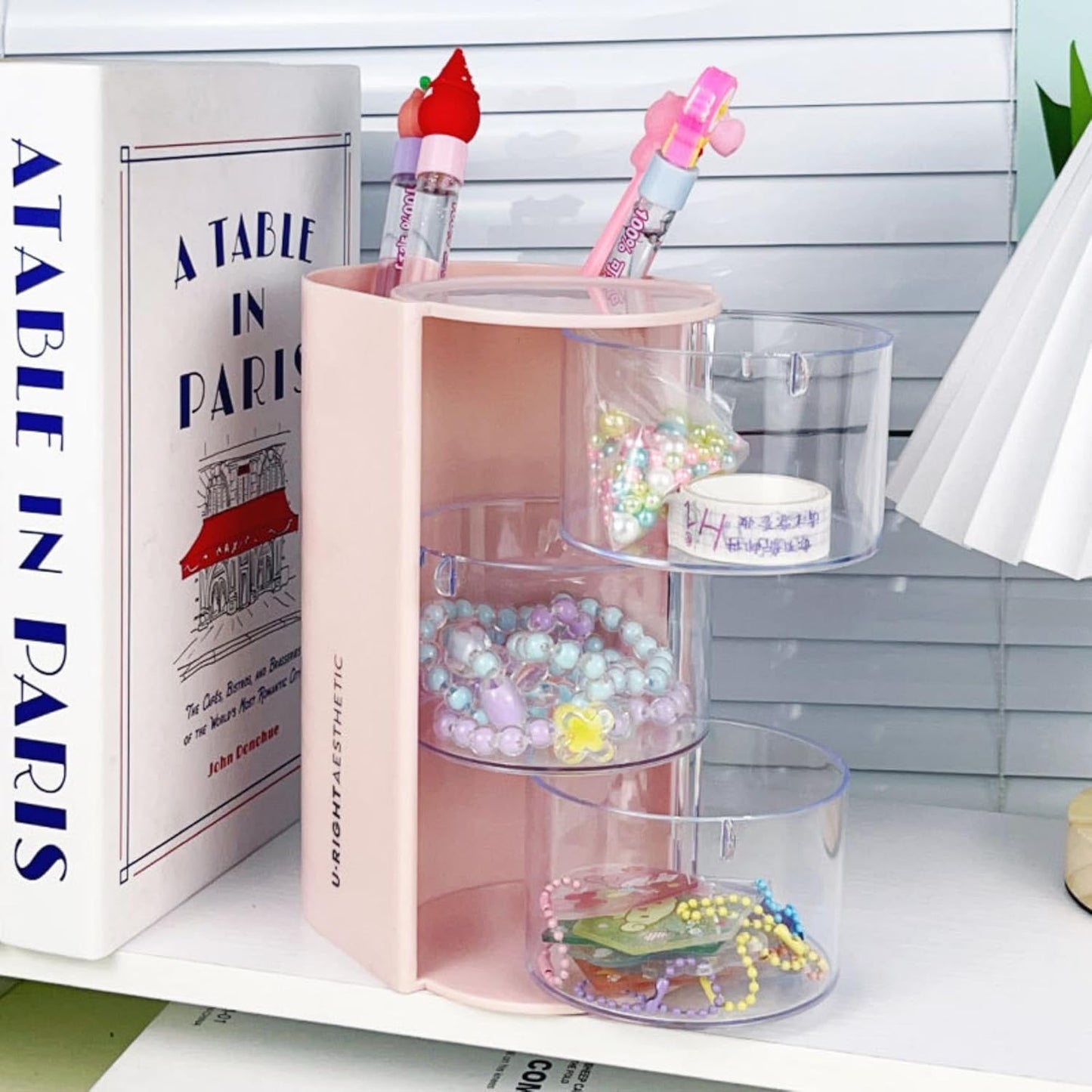 Hair Accessories Organizer with Hair Brush Holder, Rotatable Makeup Brush Holder for Necklaces, Earring, Bracelet, Ring, Makeup Brushes, Hair Clip and Hair Accessories (Pink, 3-Layer)