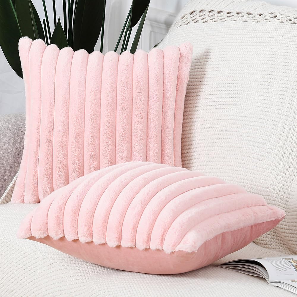 MADIZZ Set of 2 Faux Wool Plush Decorative Throw Pillow Covers 22x22 Inch Pink Fluffy Striped Soft Decorative Cushion Cover for Sofa Bedroom Pillow Shell