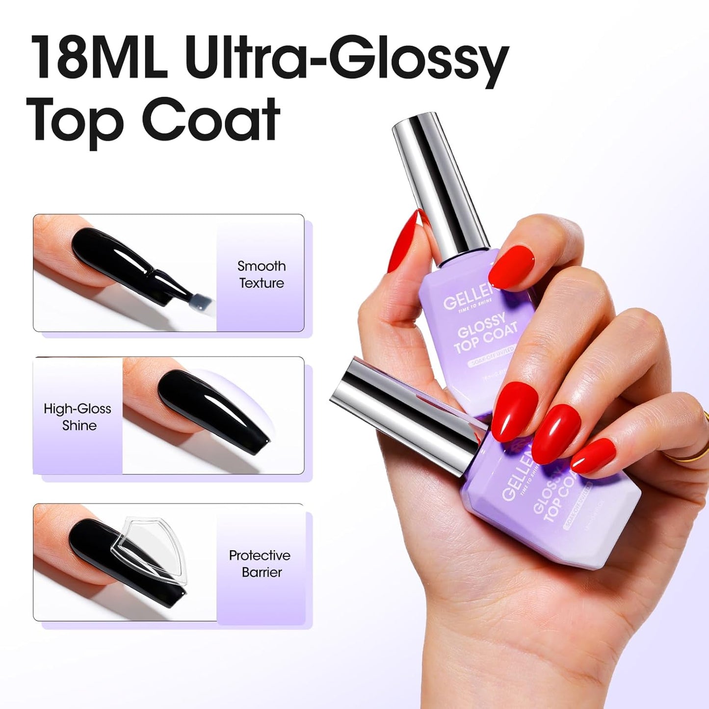 GELLEN 2 Pcs No Wipe Gel Top Coat Set, 18 ml Glossy Top Coat Gel Nail Polish, High Shiny Soak Off UV Lamp Clear Nail Polish, Home Salon Manicure Set