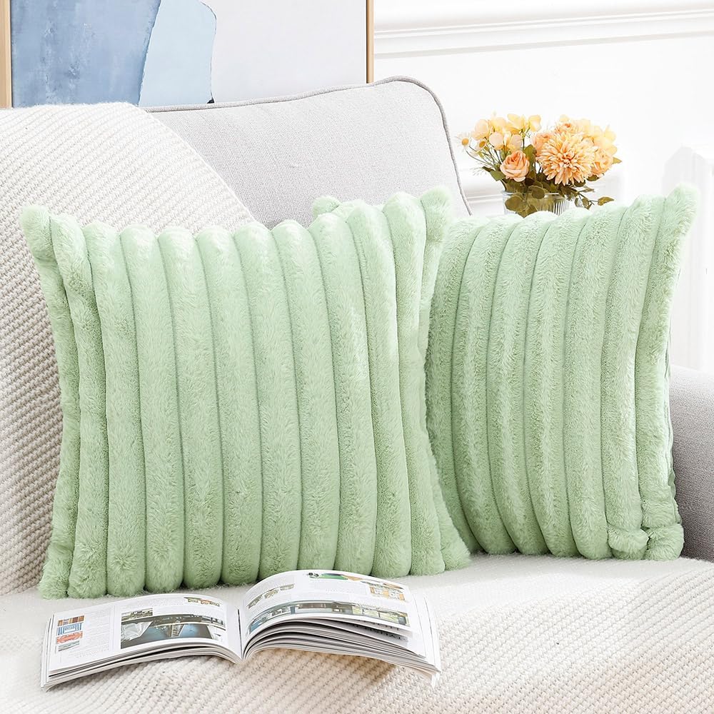 MADIZZ Set of 2 Faux Wool Plush Decorative Throw Pillow Covers 20x20 Inch Light Green Fluffy Striped Soft Decorative Cushion Cover for Sofa Bedroom Pillow Shell