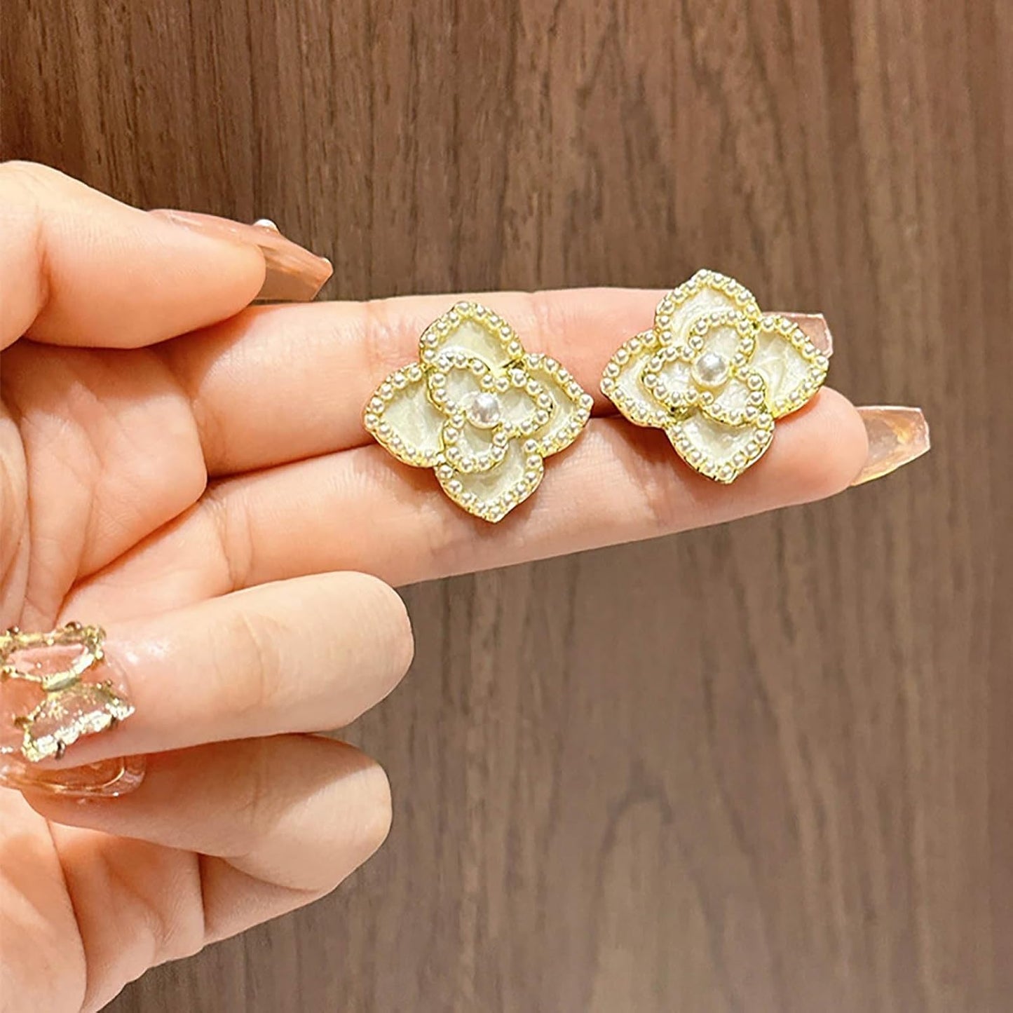 Vintage Pearl Flower Earrings Gold Pearl Stud Earrings Large Camellia Earrings Enamel Camellia Flower Petal Earrings Jewelry for Women