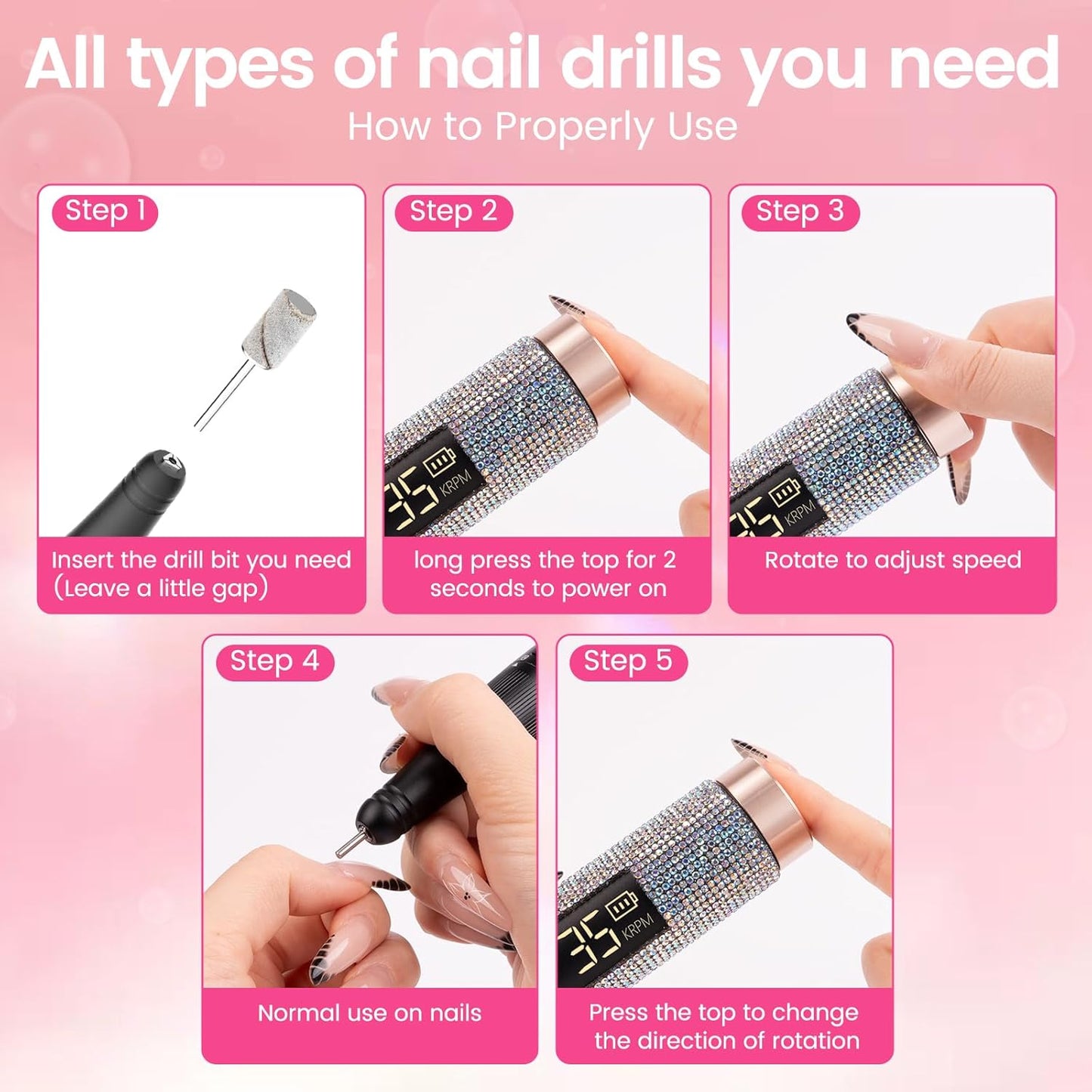 Lavinda Portable Nail Drill 35000 RPM, Professional Rechargeable Cordless Electric Nail File with Bits for Acrylic Gel Nails Polishing Removal, Manicure Pedicure Efile Kit for Salon Home, Diamond