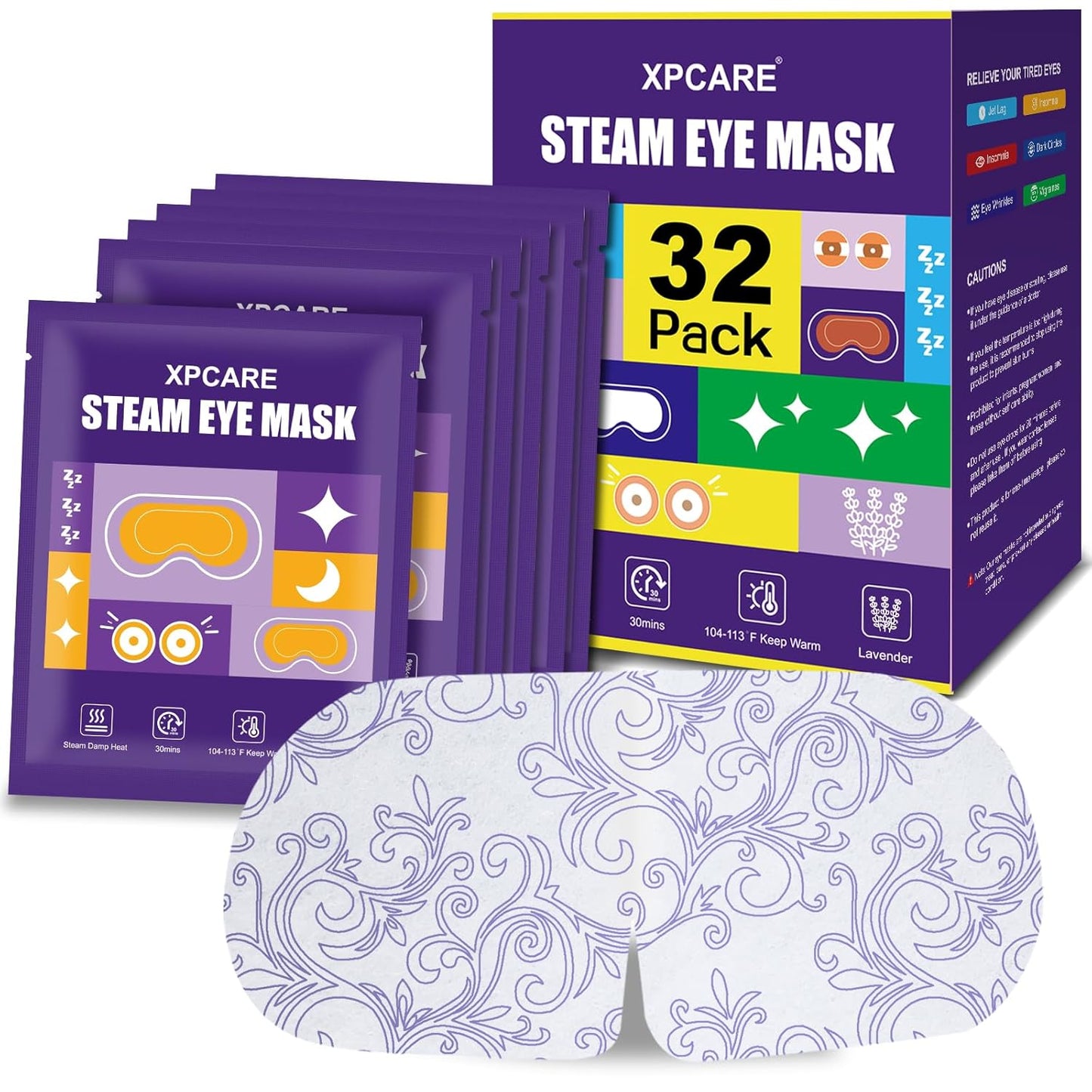 XPCARE 32 Pack Steam Eye Masks for Dry Eyes, SPA Warm Sleep Eye Mask, Disposable Heated Eye Mask for Dark Circles, Puffy Eyes, Relief Stress Eye Fatigue(Lavender)