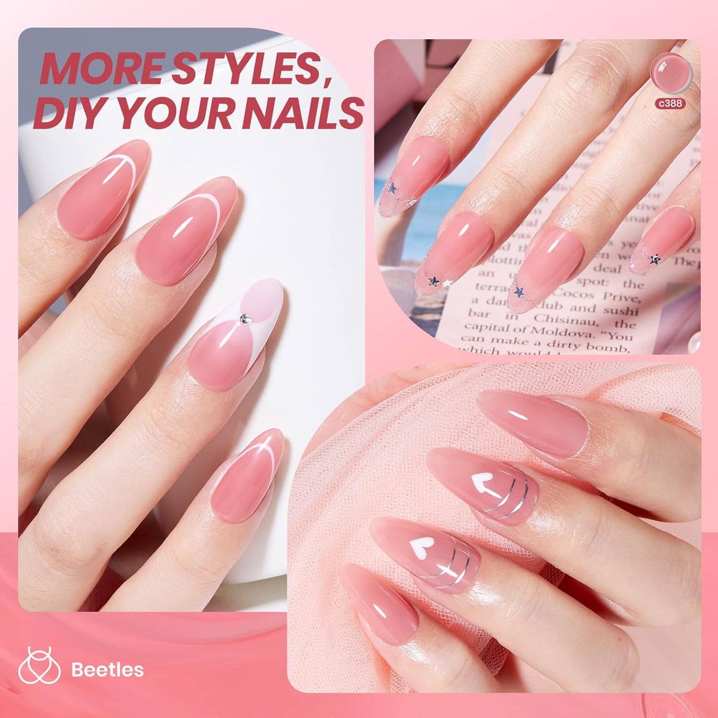 Beetles Nude Pink Gel Nail Polish - Muted Bloom Clear Pink, Natural Jelly Gel Polish, Sheer Translucent Colors, Nail Concealer Soak Off UV French Nail Art Manicure Gift for Women 15ML