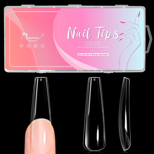 Ranrose Long Coffin Nails Tips: 240pcs XXL Acrylic Nails Clear C Curve Coffin False Nail, Full Cover Fake Nails for Nail Extension, 12 Sizes