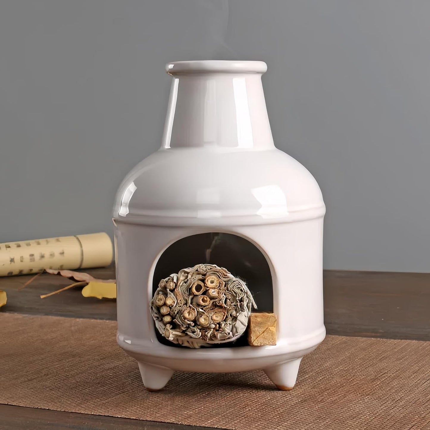 Handmade Pink Ceramic Palo Santo Holder Burner & Sage Holder - Mini Tabletop Chiminea Burner Tray with Ash Catcher, Decorative Incense Holder for Spiritual Meditation & Yoga