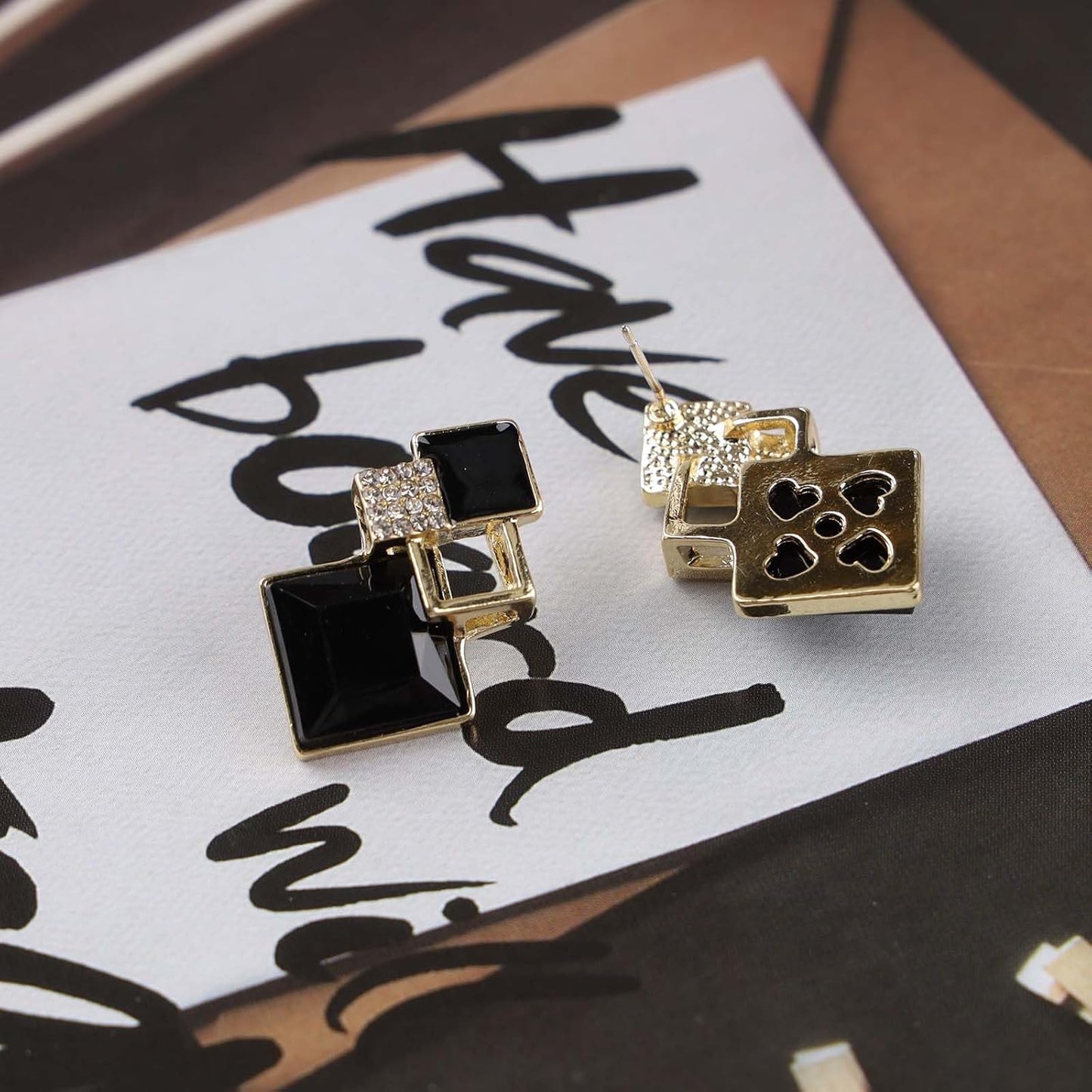 Vintage Crystal Square Drop Earrings Black Square Stud Earrings Gold Hollow Square Dangle Earrings Black Onyx Square Earrings Jewelry for Women