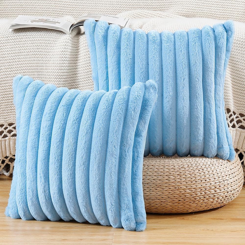 MADIZZ Set of 2 Faux Wool Plush Decorative Throw Pillow Covers 26x26 Inch Light Blue Fluffy Striped Soft Decorative Cushion Cover for Sofa Bedroom Pillow Shell