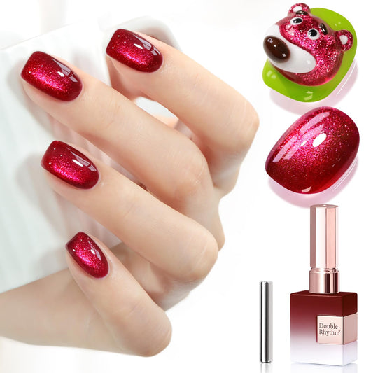 Double Rhythm 15ML Ice Glass Cat Eye Gel Polish with Magnet Holographic Glitter Shimmer Translucent Sheer Color Salon Soak Off Magnetic Nail at Home (Dark Cherry-MC1295)