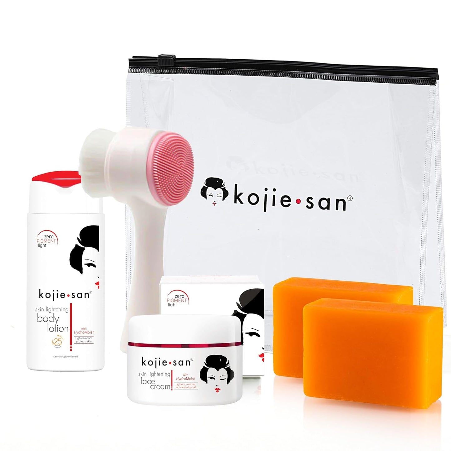 Kojie San Face & Body Complete Brightening Mini Set - 65 Gram x 2 Bars Soap, Body Lotion, Face Cream, and Facial Cleansing Brush