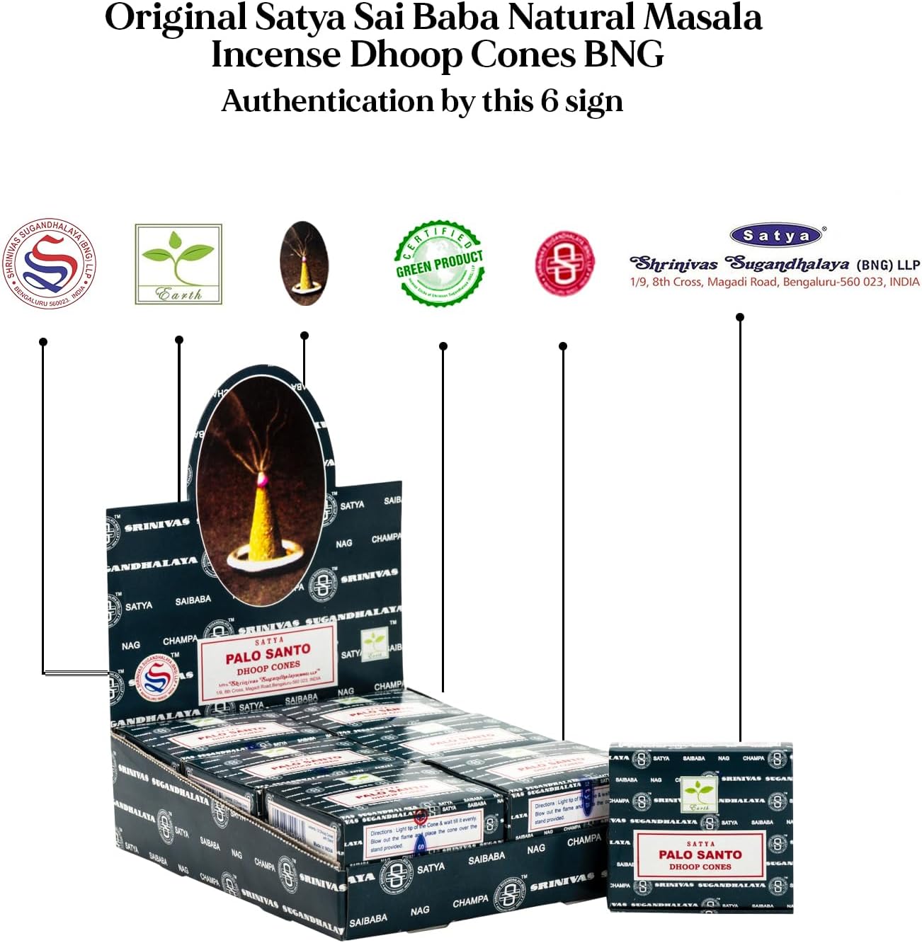 Satya Sai Baba Palo Santo Original Earth Marked Natural Masala Incense 144 Dhoop Cones in Pack of 12 Boxes | Best for Prayer, Meditation and Relaxation