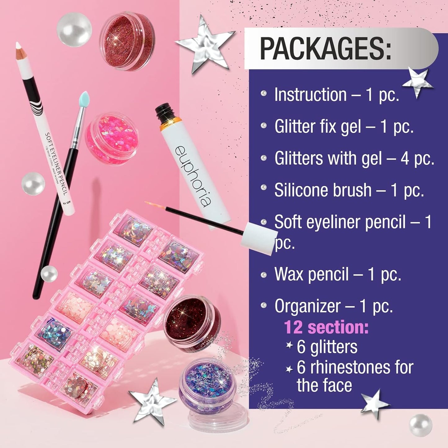 Euphoria makeup kit with glitter and gems/Professional makeup set