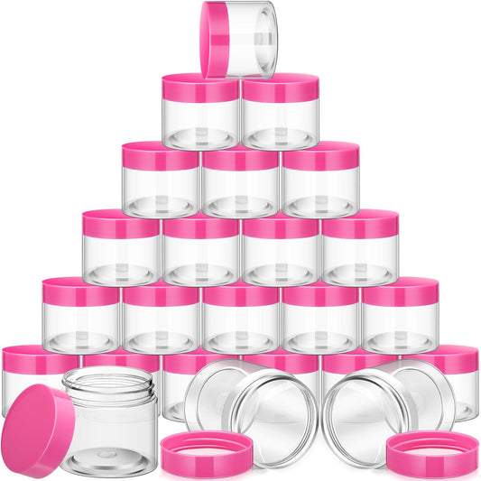 SATINIOR 24 Pieces Empty Clear Plastic Jars with Lids Round Storage Containers Wide Mouth for Beauty Product Cosmetic Cream Lotion Liquid Butter Craft and Food(Pink Lid,2 oz)