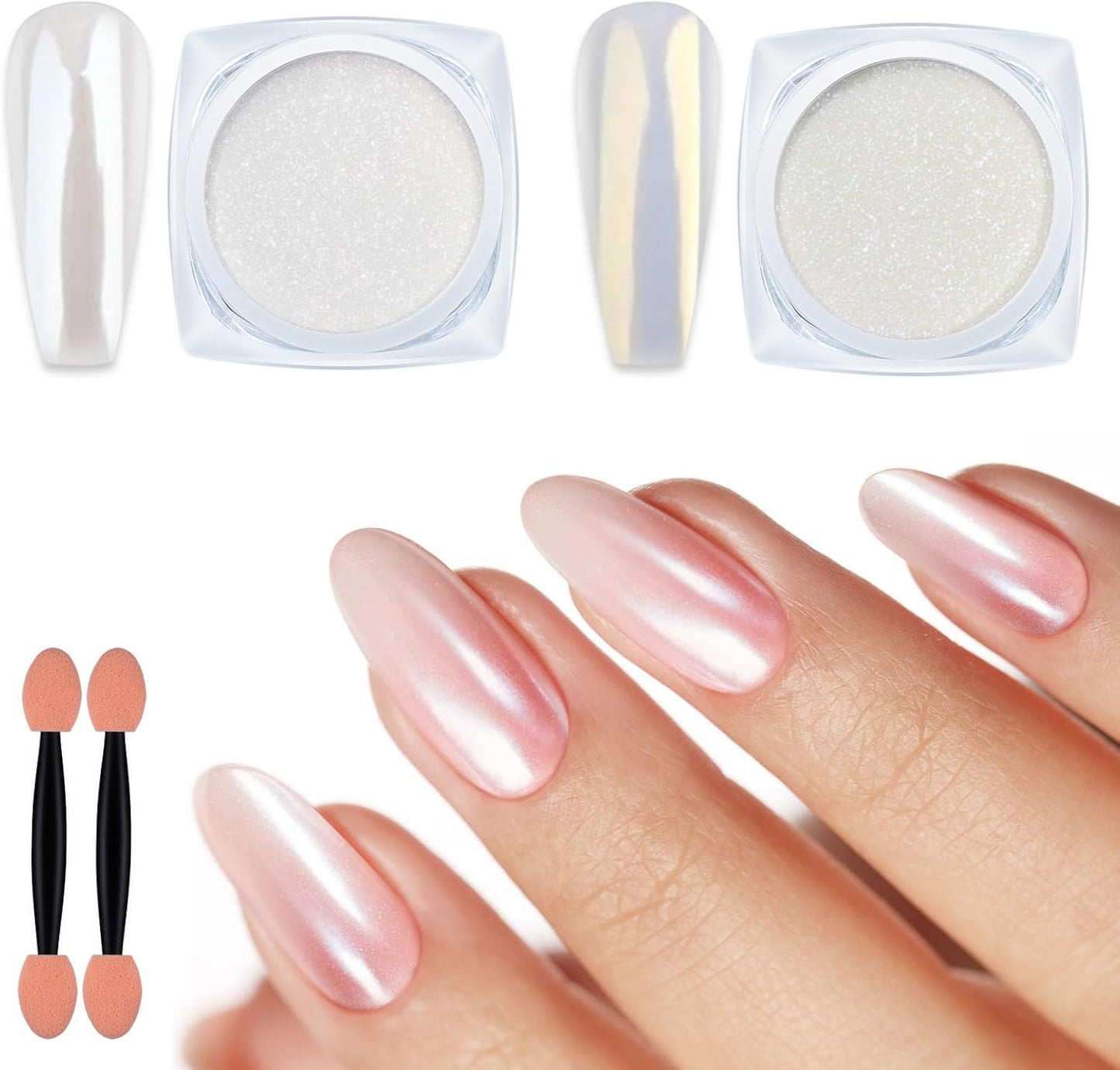 Artdone 2 Jars Chrome Nail Powder White and Gold Pearl,Iridescent Aurora Powder Metallic Mirror Effect Pigment Pearlescent Mermaid Pearl Glitter Dust Kit (White and Gold)