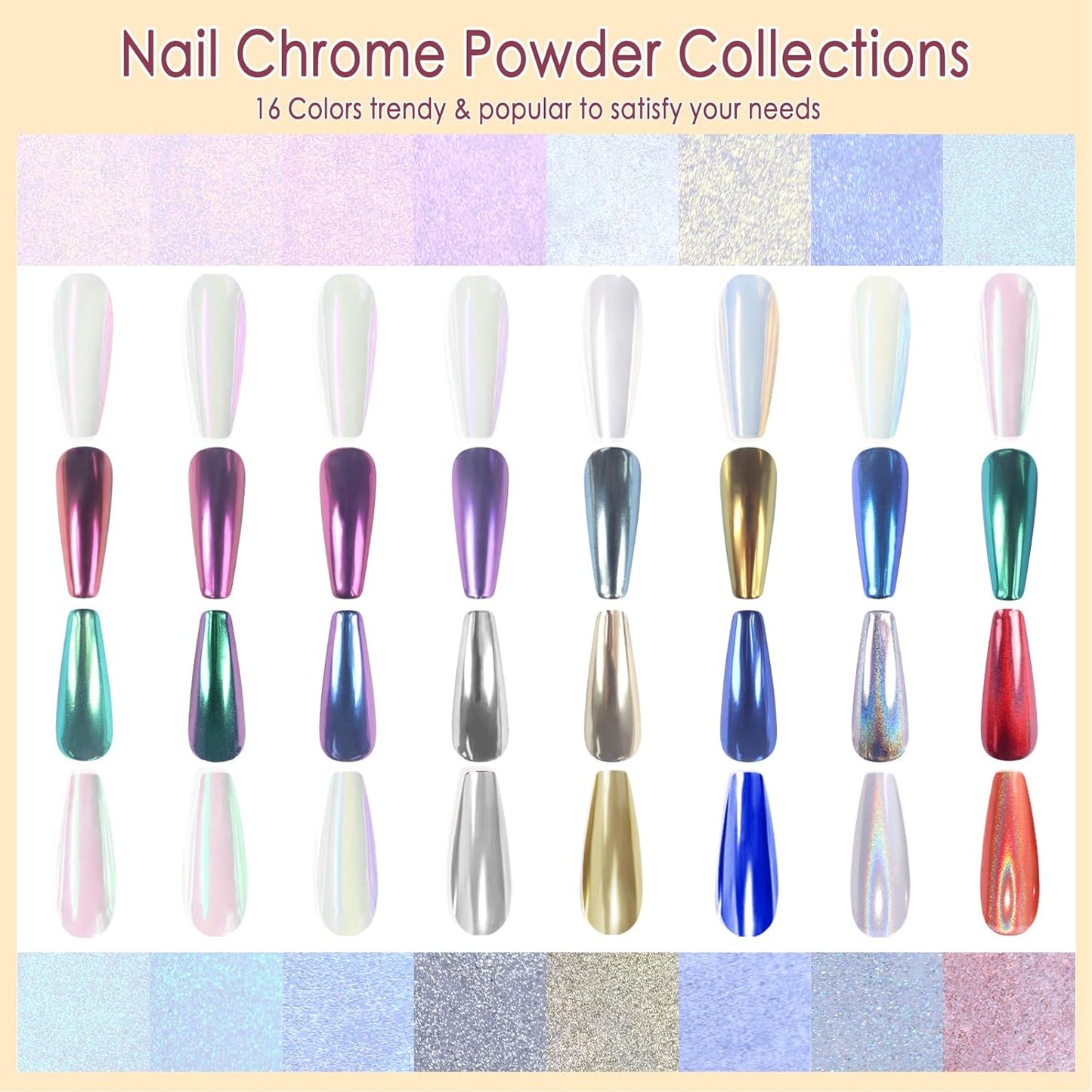 Allstarry Chrome Nail Powder 16pcs Metallic Effect Chrome Pigment Iridescent Aurora Nail Glitter Holographic Pigment Powder Mermaid Pearl Glitter Dust for Gel Polish Nail Art Decoration Resin Craft