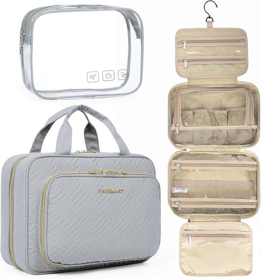BAGSMART Toiletry Bag Hanging Travel Makeup Organizer with TSA Approved Transparent Cosmetic Bag Makeup Bag for Full Sized Toiletries, Medium-Grey