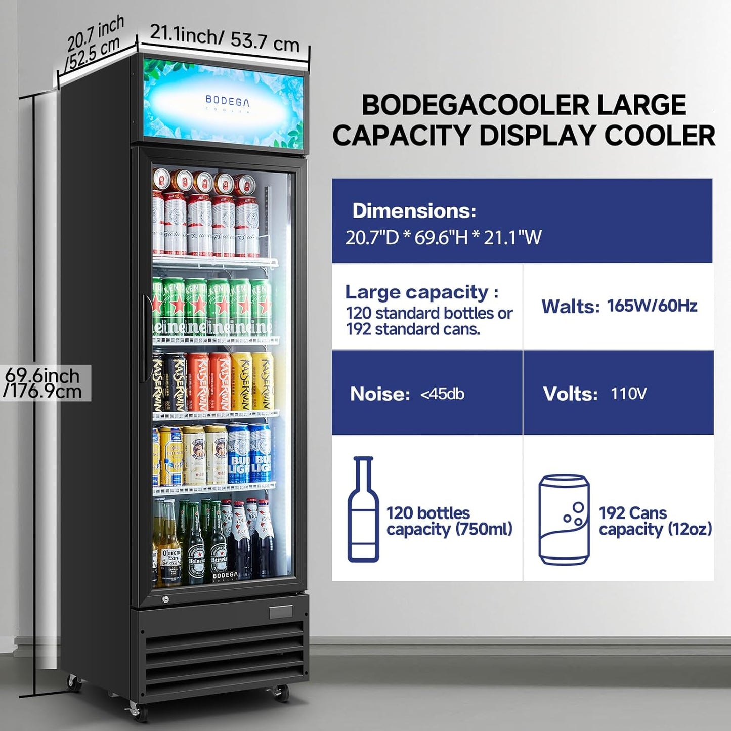 BODEGACOOLER Beverage Refrigerator and Cooler, Commercial Refrigerators with 4 shelves, Commercial Fridge with Soft LED Light. Merchandiser Refrigerators as Black Bar Cooler For Party, 9.0 Cu. Ft