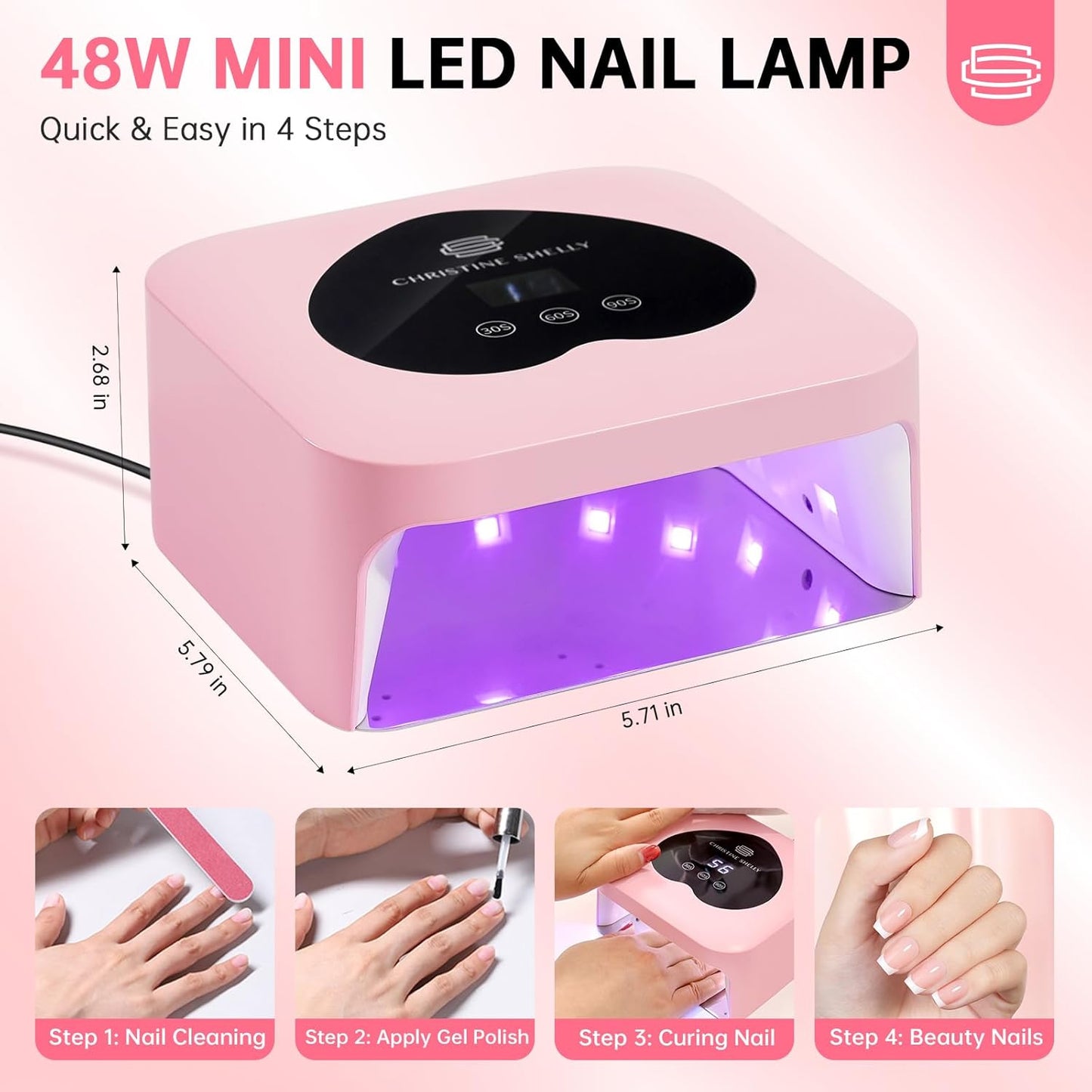 UV Nail Lamp, CHRISTINE SHELLY UV Light for Gel Nails, 48W Plug-in Mini Nail Lamp Nail Dryer with Touch Control Auto Sensor and 3 Timer Settings Nail Light Curing Lamp, Home Salon Nail Art Tools,Pink