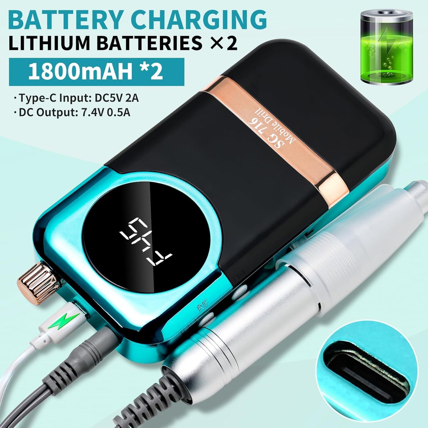 Electric Nail Drill Professional Kit - 45000RPM Electric Nail File Efile Portable Nail Drill Cordless with Bits & Base,E File Machine Nail Grinder for Women (Green)