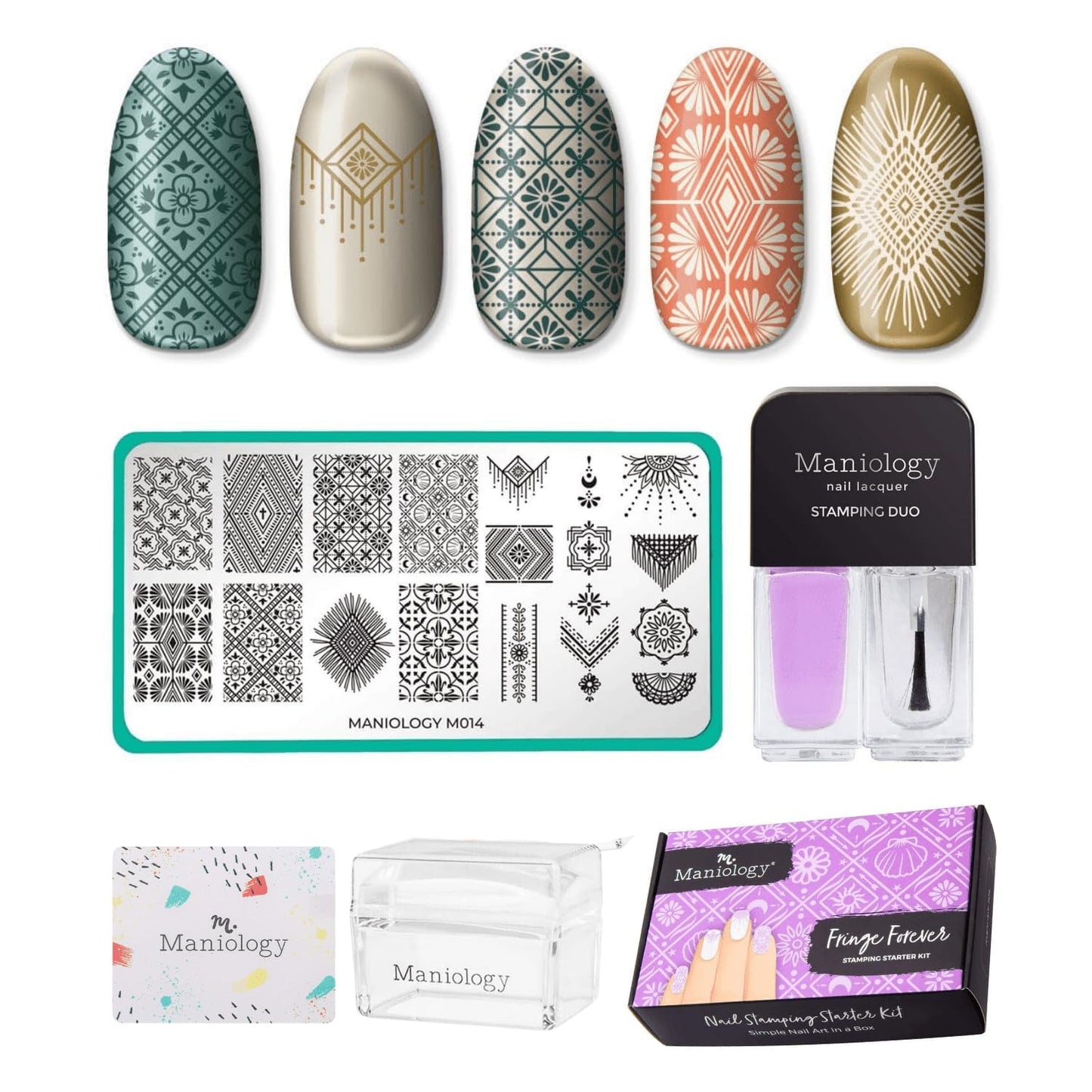 Maniology Nail Stamping Starter Kit (Plate, Polish, Top Coat, Stamper and Scraper Card) (Fringe Forever)
