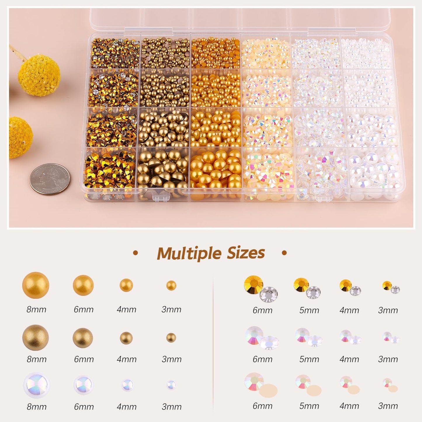 9000PCS Flatback Pearls and Rhinestones for Crafting, White Brown 3-10mm Resin Rhinestones and Half Pearls for Bedazzling, Nail Art and Dec with 3pcs B7000 Jewelry Glue, Tweezer and Pickup Pencil