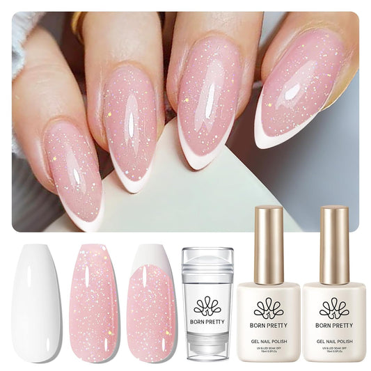 Born Pretty French Manicure Kit, Nail Stamper and 2Pcs Gel Nail Polish, Include Jelly Glitter Pink White Colors for French Tip, U V Light Cure