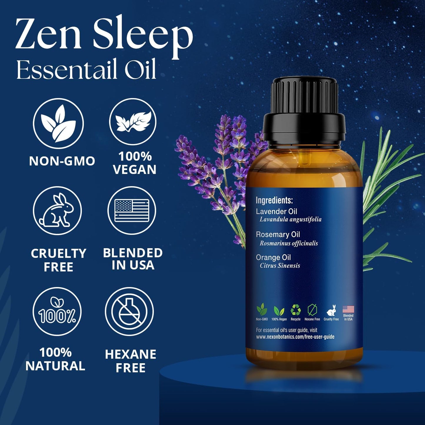 Zen Sleep Essential Oil Blend 30 ml - Lavender & Rosemary Relaxing Oil for Diffusers & Humidifiers - Calming Aromatherapy for Peaceful Sleep - Nexon Botanics