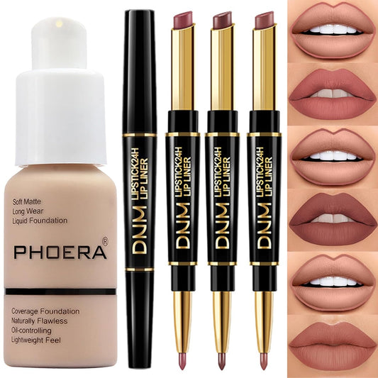 PHOERA Foundation Full Coverage,3Pcs Lip Liner and Lipstick Set Chestnut Nude Brown for Matte Finish, PHOERA Makeup Wrinkles Matte Natural Finish for a Flawless Complexion (102- Nude+Lip SetA)