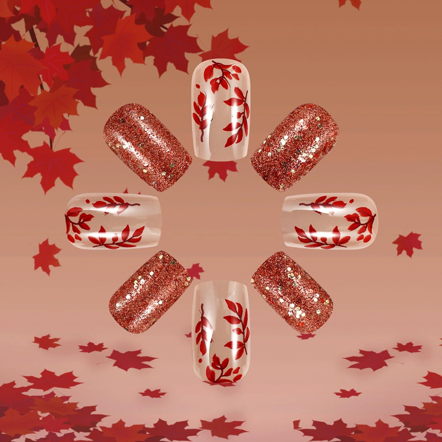 Glitter Fall Press on Nails Thanksgiving Maple Leaf Fake Nails Medium Square Vintage Glue on Nail Glossy Autumn Maple Leaf Stick on Nail for Women DIY Manicure