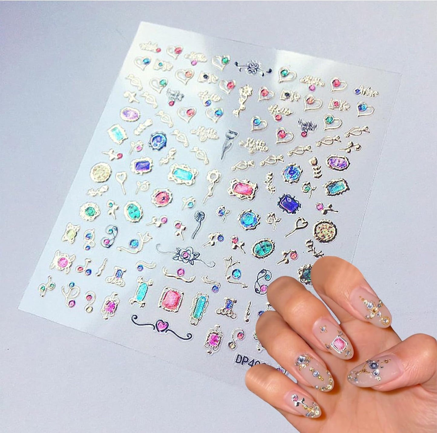 4 Sheets Star Sun Moon Nail Art Stickers 3D Holographic Self Adhesive Glitter Colorful Floral Nail Stickers Sparkly Heart Gems Design Nail Supplies for Women and Girls DIY Manicure Decoration