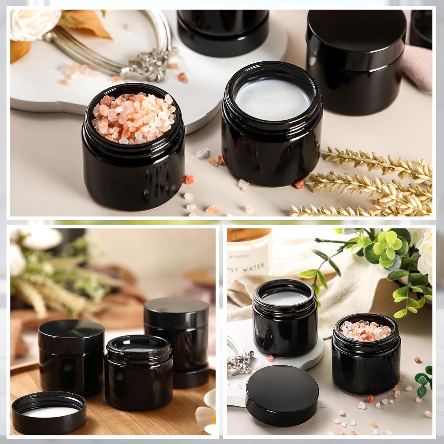 Domensi 32 Pcs 2 oz Glass Jars with Lids Travel Size Round Leakproof Empty Cosmetic Jars with Inner Liners Lid for Storing Makeup Lotions Face Cream Ointments Candle DIY Making (Black)