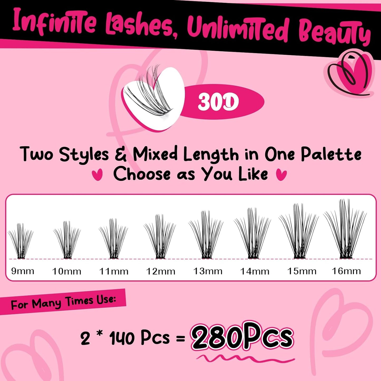 Lash Clusters Kit 280pcs Eyelash Clusters D Curl Eyelash Extension Kit Individual Lashes with Lash Bond and Seal Lash Remover Lash Applicator Easy to Apply at Home(50D-9-16mix Kit)