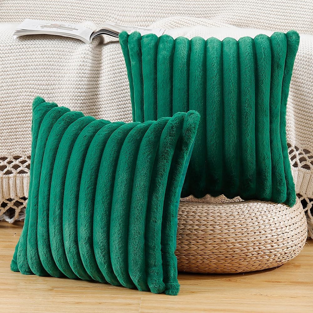MADIZZ Set of 2 Faux Wool Plush Decorative Throw Pillow Covers 24x24 Inch Green Fluffy Striped Soft Decorative Cushion Cover for Sofa Bedroom Pillow Shell
