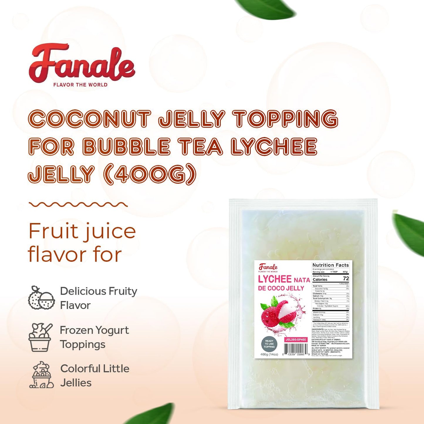 Fanale Coconut Jelly Topping nata de coco for Bubble Tea 400 g | Lychee Jelly | for Boba Tea, Smoothies, Slushes, Desserts 400g