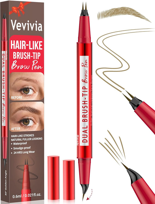 Vevivia Eyebrow Pencils for Women - Eyebrow Pen with Dual-Brush-Tip & Curved Tip for Natural Fuller-Looking Brows, Precise Hair-Like Strokes for All Brow Types, Last All-Day Brow Makeup, Light Brown