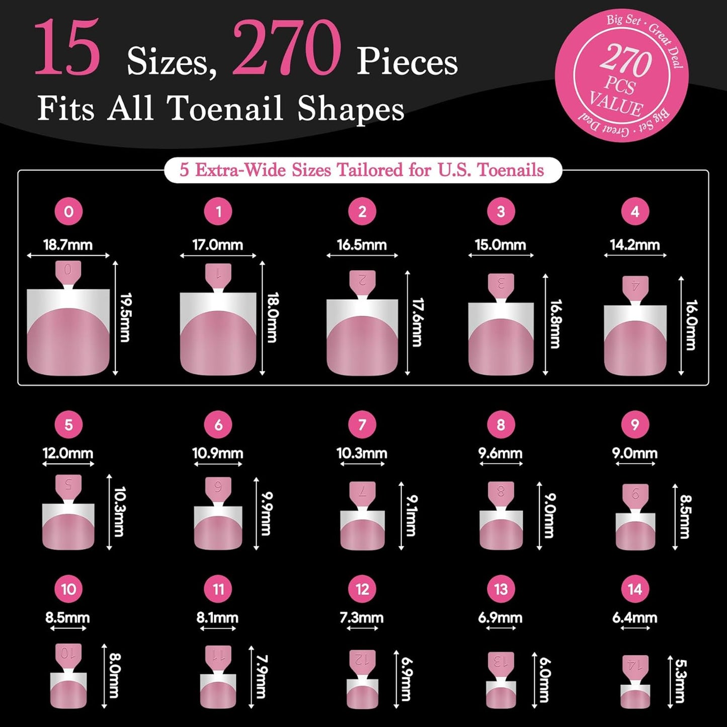 Toe Nail Press Ons French Tip, Sharp Square Berry Pink Pre-Designed Fake Toenail Press On for Women DIY, Soft False Acrylic Nail Extension 15 Sizes, 270 Pcs - Builder Nail Gel & Top Coat Needed