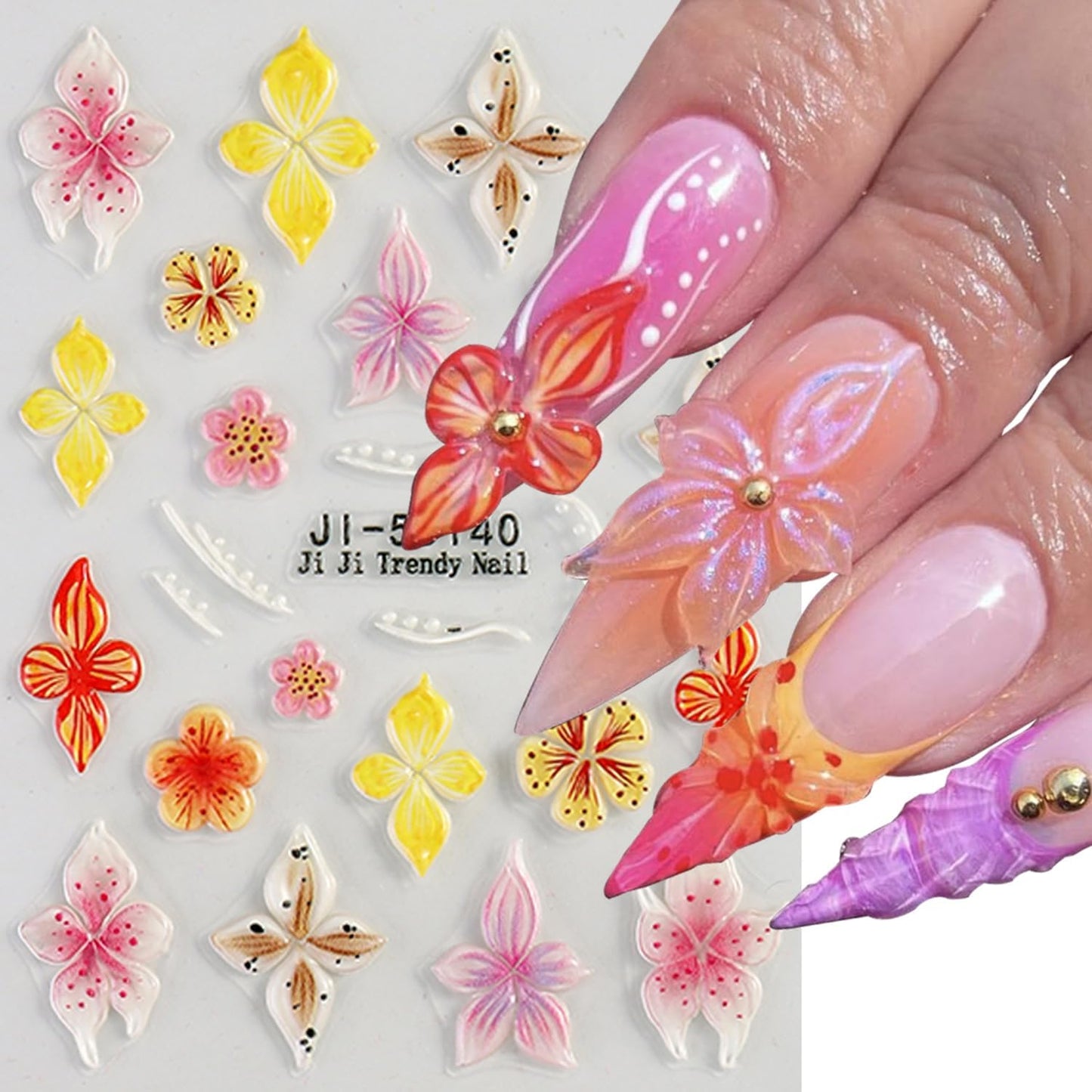 Colorful Flower Nails Art Stickers 5D Self-Adhesive Embossed Nails Stickers Hibiscus Flower Design Tropical Floral Nails Decal Supplies Women DIY Nail Art Decoration 3 Sheets