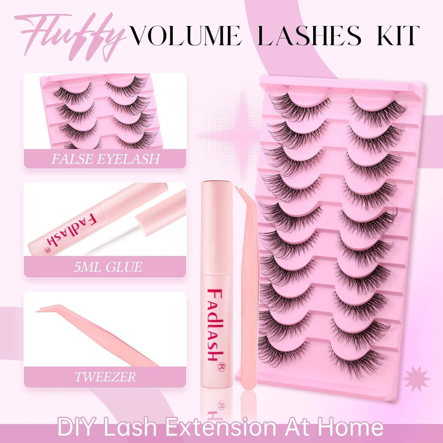 FADLASH False Eyelashes Kit Black Natural Cat Eye Lashes with lash bond Wear Comfortable Fake Lashes with Thin Band 10 Pairs Lash Applicator Tool at Home, BY003